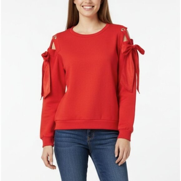 ❤️PINKO Sz S Petite Red Sweater Cold Shoulder Bow Tie Cutout Ribbons 100% Cotton - Picture 1 of 8